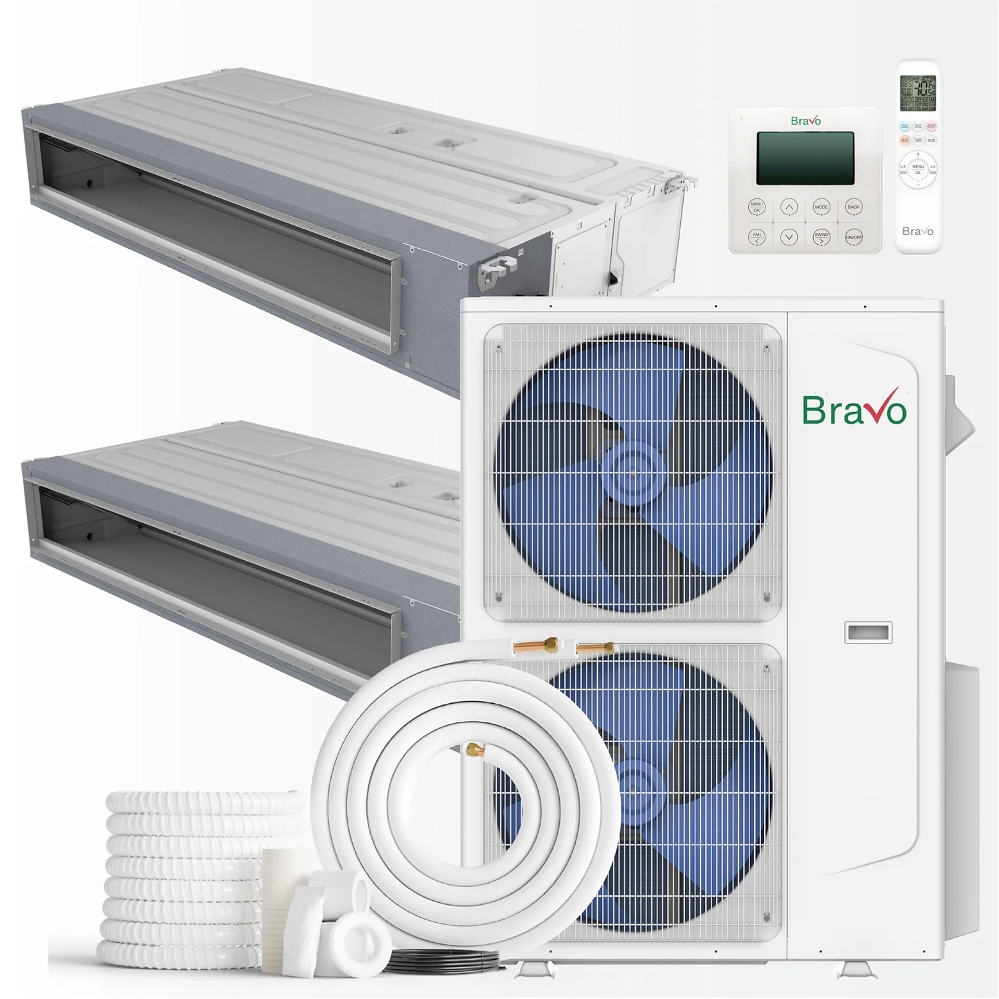Bravo 2-Zone Ducted Mini Split AC & Pump — 42,000 BTU, 9,000 BTU Slim Duct Indoor Units, Smart App Control, Model# 2XBRV-M09DT-230VIBRV-M42-230VO2XAB1-25FT
